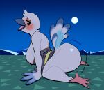 absurd_res animal_crossing anthro arched_back asian_clothing avian beak big_breasts big_butt bird blanche_(animal_crossing) blush breasts butt clothing east_asian_clothing female hi_res japanese_clothing kimono kneeling lidded_eyes looking_at_viewer lovetopullmicke moon night nintendo on_ground open_beak open_mouth outside shaking_butt side_view solo thick_thighs