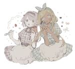  2girls :3 apron asase_(asariya) blonde_hair blue_eyes blush bow_hairband brown_eyes choker collared_dress crepe dark-skinned_female dark_skin dress food gingham gingham_dress hairband highres holding holding_food holding_spoon idolmaster idolmaster_cinderella_girls koshimizu_sachiko layla_(idolmaster) long_hair looking_at_viewer low_twintails multiple_girls open_mouth plaid plaid_dress purple_hair short_hair short_sleeves smile spoon twintails very_long_hair visor_cap waist_apron waitress 