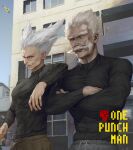  2boys absurdres bandaid bandaid_on_cheek bandaid_on_face bang_(one-punch_man) black_shirt commentary_request crossed_arms english_text facial_hair garou_(one-punch_man) grey_eyes grey_hair highres long_sleeves male_focus multiple_boys mustache one-punch_man open_mouth outdoors pointy_hair red_eyes scar scar_on_face shirt shita_to_hidari short_hair smile spiked_hair teeth 
