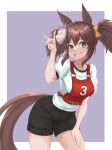  1girl animal_ears black_shorts bow brown_hair character_name commentary fox_mask fox_shadow_puppet green_eyes gym_shirt gym_shorts gym_uniform hair_bow hand_on_own_thigh highres horse_ears horse_girl horse_tail inari_one_(umamusume) kemuri_(etep3372) leaning_forward looking_at_viewer mask mask_on_head medium_hair open_mouth orange_bow purple_background race_bib shirt short_sleeves shorts smile solo standing t-shirt tail translated twintails umamusume white_shirt 