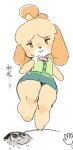 2023 animal_crossing anthro barefoot blonde_hair bodily_fluids bottomwear canid canine canis clothed clothing colored_sketch domestic_dog feet female flat_chested floppy_ears full-length_portrait hair half-closed_eyes haramikarubi human isabelle_(animal_crossing) japanese_text looking_down low-angle_view mammal miniskirt monotone_bottomwear monotone_clothing monotone_skirt narrowed_eyes neck_ribbon nintendo open_mouth portrait ribbons shih_tzu shirt short_hair simple_background sketch skirt smile solo string_bow sweat sweatdrop text thick_thighs tied_string topknot topwear toy_dog translation_request vest villager_(animal_crossing) white_background