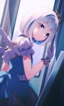  1girl amane_kanata blue_dress blue_hair cropped_jacket dress fragir gloves grey_hair hair_intakes halo highres hololive hololive_idol_uniform jacket looking_at_viewer looking_back official_alternate_costume purple_eyes short_hair solo star_halo virtual_youtuber white_gloves white_jacket 