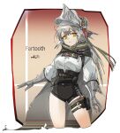  1girl absurdres arknights armor black_shorts border brown_cape cape character_name closed_mouth cowboy_shot cropped_legs expressionless fartooth_(arknights) gauntlets grey_hair hair_ornament harukan_tiusu high-waist_shorts high_collar highres long_hair long_sleeves looking_at_viewer puffy_long_sleeves puffy_sleeves shorts signature solo standing sweater underbust visor_(armor) white_border white_sweater yellow_eyes 