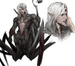  1boy abs angry arachne_boy arthropod_limbs artist_name baldur&#039;s_gate baldur&#039;s_gate_3 black_sclera black_skin blood blood_in_hair blood_on_face carapace colored_sclera colored_skin cropped_torso dungeons_and_dragons extra_eyes fangs grey_background grey_hair hand_on_another&#039;s_face highres holding holding_lantern kar&#039;niss lantern light_smile male_focus medium_hair monster_boy multicolored_skin multiple_views open_mouth pectorals pointy_ears signature simple_background spider_boy standing twitter_username two-tone_skin v-shaped_eyebrows wavy_hair weapon weapon_on_back yellow_eyes zyrophin 