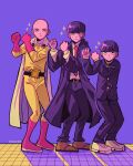  3boys bald black_coat black_hair black_jacket black_pants bling-bang-bang-born_(creepy_nuts) boots bowl_cut brown_footwear capelet coat collared_shirt commentary crossover dancing english_commentary facial_mark full_body gakuran gloves highres jacket jitome jumpsuit kageyama_shigeo knee_boots long_sleeves looking_at_viewer male_focus mash_burnedead mashle mob_psycho_100 multiple_boys multiple_crossover necktie one-punch_man pants red_footwear red_gloves red_necktie saitama_(one-punch_man) school_uniform shirt shoes short_hair simple_background sparkle spookiiro standing symmetrical_pose tile_floor tiles trait_connection white_capelet white_footwear white_shirt yellow_jumpsuit 