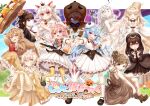  6+girls :d :o :t absurdres ahoge black_footwear blue_eyes blue_hair blush brown_dress brown_hair brown_headwear brown_jacket checkerboard_cookie collared_shirt cone_hair_bun cookie crossed_arms dress dress_shirt fang food food-themed_clothes food_on_face fork frilled_skirt frilled_socks frills hair_bun hair_ornament hair_over_one_eye hairclip heterochromia highres holding holding_fork holding_knife holding_spoon holding_umbrella interlocked_fingers jacket knife light_brown_hair long_hair looking_at_viewer low_twintails multiple_girls nude orange_hair original outstretched_arm own_hands_clasped own_hands_together pink_hair pleated_skirt pout puffy_short_sleeves puffy_sleeves purple_eyes red_eyes satou_saya shirt shoes short_sleeves simple_background skirt smile socks spoon thighhighs twintails umbrella very_long_hair white_background white_shirt white_skirt white_socks yellow_thighhighs 