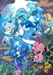  absurdres air_bubble blue_eyes bubble closed_eyes closed_mouth colored_eyelashes commentary_request coral corsola finneon fish highres horsea luvdisc pokemon pokemon_(creature) popplio primarina q-chan red_eyes seahorse seaweed smile u_u underwater 