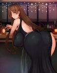  ahoge ass backless_dress backless_outfit bar bare_shoulders bent_over black_dress breasts brown_hair covered_nipples curvy dress from_behind green_eyes hanging_breasts highres huge_ahoge huge_breasts light_smile liquor long_hair looking_at_viewer looking_back original raised_eyebrows saruton solo wide_hips 