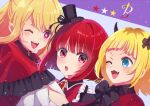  3girls arima_kana black_bow black_bowtie blonde_hair blue_eyes bob_cut bow bowtie capelet commentary_request demon_horns dress fake_horns fang hat horns hoshino_ruby idol_clothes inverted_bob medium_hair memcho mini_hat multicolored_hair multiple_girls murabitot no_pupils one_eye_closed open_mouth oshi_no_ko pink_eyes red_brooch red_capelet red_dress red_eyes red_hair revision roots_(hair) star-shaped_pupils star_(symbol) star_in_eye symbol-shaped_pupils symbol_in_eye teeth upper_teeth_only 