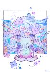  1girl blue_flower blue_hair border closed_mouth flower highres kiato long_hair looking_at_viewer lotus original partially_submerged pink_flower solo upper_body water white_border 