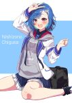  bag blue_hair fang hair_ornament highres hood hoodie jacket namikawa_kuroha nijisanji nishizono_chigusa on_ground red_eyes school_bag skirt smile socks v 
