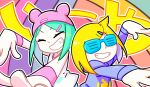  2others animal_hat aqua_hair blue_hoodie blue_shirt closed_eyes hair_ornament hairclip hat highres hood hood_down hoodie i_(neru) i~ya_i~ya_i~ya_(vocaloid) mizuki_(1054311109) multicolored_background multiple_others outline outstretched_arms pink_bracelet pink_headwear print_hoodie print_shirt shirt short_hair shutter_shades smile song_name swept_bangs teeth vocaloid white_outline white_shirt yaya_(neru) 