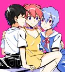  1boy 2girls ange_(angeban93) arms_around_back arms_around_waist ayanami_rei black_hair blue_eyes blue_hair choker commentary dress english_commentary hair_ornament ikari_shinji multiple_girls neon_genesis_evangelion red_hair school_uniform sitting smile souryuu_asuka_langley tokyo-3_middle_school_uniform 