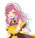  1girl :3 blush dress earrings hachun_(vtuber) hairband indie_virtual_youtuber jewelry lolita_hairband long_hair looking_at_viewer naname_(7name) open_mouth orange_eyes pink_hair short_sleeves smile solo virtual_youtuber wrist_cuffs 