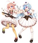  2girls :d :o absurdres ahoge black_footwear blue_eyes blue_hair blush checkerboard_cookie collared_shirt cookie dress_shirt fang food food_on_face fork frilled_skirt frilled_socks frills hair_ornament hairclip heterochromia highres holding holding_fork holding_knife holding_spoon knife long_hair looking_at_viewer low_twintails multiple_girls original outstretched_arm pink_hair pleated_skirt puffy_short_sleeves puffy_sleeves purple_eyes red_eyes satou_saya shirt shoes short_sleeves simple_background skirt smile socks spoon thighhighs twintails very_long_hair white_background white_shirt white_skirt white_socks yellow_thighhighs 