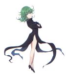  1girl black_dress closed_mouth curly_hair dress floating full_body green_eyes green_hair high_heels long_hair long_sleeves looking_at_viewer murata_tefu one-punch_man simple_background solo tatsumaki white_background 