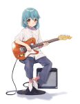  1girl amplifier blue_hair blush cable electric_guitar guitar highres holding holding_instrument instrument looking_at_viewer music naname_(7name) original pants playing_instrument short_hair sitting smile solo stool yellow_eyes 