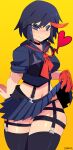  1girl absurdres black_choker choker clothes_lift garter_straps gloves heart highres jiansketch kill_la_kill lifted_by_self living_clothes matoi_ryuuko midriff multicolored_hair navel red_gloves senketsu short_hair skirt skirt_lift solo standing streaked_hair suspenders thick_thighs thighhighs thighs two-tone_hair yellow_background 