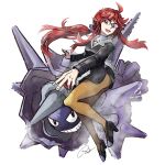  1girl ahoge black_suit breasts brown_pantyhose cabonara_artblock cleavage cloyster formal glasses high_heels highres large_breasts long_hair long_sleeves lorelei_(pokemon) pantyhose pencil_skirt pokemon pokemon_(creature) pokemon_lgpe ponytail red_eyes red_hair semi-rimless_eyewear shell sidelocks skirt spiked_shell suit swept_bangs turtleneck 