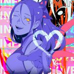  1girl breasts cyberpunk_(series) drawn_heart from_side heart heart-shaped_pupils koyorin large_breasts long_hair looking_at_viewer one_eye_closed open_mouth ponytail solo symbol-shaped_pupils upper_body yellow_eyes 