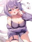  1girl absurdres animal_ear_fluff animal_ears arm_under_breasts bare_shoulders blush breasts camisole cat_ears cat_girl cat_tail cleavage collarbone commentary fang hair_between_eyes heart highres hololive jacket large_breasts long_sleeves looking_at_viewer maru_ccy nekomata_okayu nekomata_okayu_(7th_costume) off_shoulder official_alternate_costume official_alternate_hairstyle onigiri_print open_mouth puffy_long_sleeves puffy_sleeves purple_camisole purple_eyes purple_hair purple_jacket purple_shorts short_hair short_shorts shorts simple_background sitting skin_fang socks solo symbol-only_commentary tail two_side_up virtual_youtuber white_background white_socks 