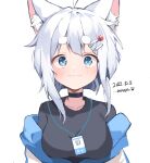  absurdres animal_ears black_choker blue_eyes choker dog_ears highres korean_text looking_at_viewer medium_hair multiple_hairpins name_tag original simple_background wang0424 white_background white_hair 