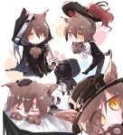  1boy 1other absurdres animal_ears animal_hands arknights black_cape black_headwear black_jacket black_vest brown_hair cape cat_boy cat_ears cat_tail chibi christine_(arknights) closed_eyes commentary dot_mouth ears_through_headwear eyes_visible_through_hair hair_over_one_eye hat hat_feather highres holding_ticket hood hooded_cape hooded_jacket jacket looking_at_viewer multiple_views p_(hgdsisd) pawpads phantom_(arknights) shirt short_hair simple_background tail tail_wagging vest white_background white_shirt yellow_eyes 