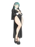  1girl black_dress blue_eyes blue_hair breasts bulma closed_mouth dragon_ball dragon_ball_(classic) dress full_body habit high_heels highres long_hair long_sleeves looking_at_viewer nun simple_background solo toshinoshin white_background 