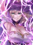  1girl armpits bare_shoulders breasts brown_hair cleavage corset electricity evil_smile genshin_impact green_eyes hair_between_eyes hat highres hotoritan imminent_fight large_breasts lisa_(genshin_impact) looking_at_viewer orb outdoors purple_corset purple_headwear rain smile thunder upper_body v-shaped_eyebrows water_drop witch_hat 