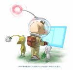  1boy backpack bag big_nose black_eyes brown_hair bud closed_eyes colored_skin commentary_request from_side gloves grass helmet holographic_monitor leaf looking_at_another looking_at_object male_focus naru_(wish_field) no_mouth olimar patch pikmin_(creature) pikmin_(series) pointy_ears radio_antenna red_bag red_eyes red_gloves red_light short_hair simple_background solid_circle_eyes space_helmet spacesuit translation_request very_short_hair white_background white_pikmin white_skin yellow_pikmin yellow_skin 