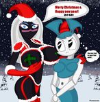  big_breasts black black_eyes black_skin blue blue_eyes blue_hair boob_envy breast_envy breasts christmas clothed clothing dialog dialogue duck_dodgers female garter_belt gloves hair hat holidays huge_breasts jenny_wakeman long_hair long_white_hair machine mechanical my_life_as_a_teenage_robot navel nipple_tape nipples panties queen_tyr&#039;ahnee queen_tyr'ahnee robot santa_hat skimpy snow text tumiohax underwear white_hair xmas 