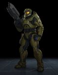  absurdres armor assault_rifle belt_pouch bullpup explosive flashlight full_armor green_armor grenade grenade_launcher gun halo_(series) handgun helmet highres holding holding_grenade holding_weapon looking_down ma5 master_chief military pouch power_armor rifle spartan_(halo) thigh_pouch weapon william_bao 