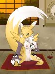anthro bandai_namco big_breasts blue_eyes breast_grab breast_play breast_squish breasts canid canine digimon digimon_(species) female fox fur genitals hand_on_breast hi_res kneeling lief_king lief_kishibe mammal nipples pussy renamon shaded simple_background simple_coloring simple_shading solo spread_legs spreading squish waiting white_body white_fur yellow_body