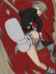  1girl artist_name black_coat boots buttons coat english_commentary green_eyes highres holding holding_weapon looking_at_viewer maka_albarn marydale red_background simple_background skirt solo soul_eater twintails weapon 