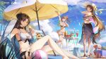  3girls absurdres bare_shoulders beach bikini blue_sky brown_hair character_request choker closed_eyes cloud copyright_request flower food fruit hat high_heels highres holding holding_food holding_ice_cream ice_cream legs logo long_hair multiple_girls nail_polish nature navel official_art outdoors purple_eyes purple_nails sarong sitting sky smile swimsuit umbrella 