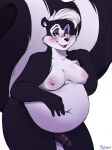 2024 anthro areola bedroom_eyes belly big_belly black_body black_fur doronkomajo eyebrows eyelashes fur genitals hand_on_shoulder hi_res looking_at_viewer looney_tunes male mammal mephitid narrowed_eyes nipples nude penis pepe_le_pew seductive skunk slightly_chubby solo striped_skunk thick_thighs warner_brothers white_body white_fur