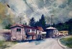  blue_sky building cloud cloudy_sky day door garage highres house no_humans original painting_(medium) power_lines road rural shibakaka sky sliding_doors traditional_media tree utility_pole watercolor_(medium) window 