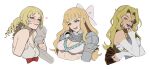  3girls absurdres armor biting_own_lip blonde_hair blue_eyes blue_eyeshadow blunt_bangs bow card catherine catherine_(game) charlotte_(fire_emblem) disembodied_limb dress drill_hair earrings eyeshadow fire_emblem fire_emblem_fates hair_bow hand_on_own_face heart highres holding holding_another&#039;s_arm holding_card hoop_earrings jewelry kujaku_mai long_sleeves looking_at_viewer makeup multiple_girls open_mouth parted_lips pauldrons pink_eyes pink_nails porqueloin red_ribbon ribbon shirt shoulder_armor simple_background teeth tongue tongue_out twin_drills upper_body white_background white_bow white_dress white_shirt yu-gi-oh! 
