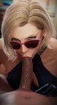  1boy 1girl :&gt;= bare_shoulders blonde_hair blue_eyes breasts cleavage dress erection fellatio fugtrup gloves hetero highres large_breasts lips lipstick looking_at_viewer makeup nina_williams oral penis pov short_hair sunglasses sunken_cheeks tekken tekken_8 uncensored veins veiny_penis 