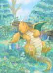  claws closed_eyes closed_mouth colored_skin commentary dragon dragon_wings dragonite green_hair highres no_humans on_grass orange_skin outdoors pokemon pokemon_(creature) ralts rock sitting sleeping smile symbol-only_commentary tail tree volpecorvo white_skin wings 