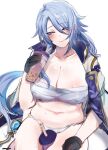  1girl absurdres black_gloves blue_hair blunt_tresses breasts bubble_tea genderswap genderswap_(mtf) genshin_impact gloves half_gloves highres japanese_clothes kamisato_ayato kurenaiz_(kuayrenaiz) lapels light_blue_hair mole mole_on_breast mole_on_stomach mole_on_thigh mole_under_mouth multiple_moles solo 