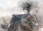  1boy androgynous black_eyes black_hat bottle brown_hair flower hat highres japanese_clothes kimono kz_m_i looking_at_viewer male_focus original painting_(medium) plant potted_plant shoes short_hair sitting socks solo top_hat traditional_media watercolor_(medium) white_socks 