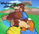 anthro backpack banjo-kazooie banjo_(banjo-kazooie) bear belt big_butt blue_clothing blue_eyes blue_jacket blue_topwear bodily_fluids bottomwear brown_body brown_fur butt butt_sniffing clothing conker conker&#039;s_bad_fur_day dialogue duo english_text forced fur hi_res inflatingskunk jacket looking_at_another looking_back looking_back_at_another male male/male mammal musk musk_clouds musky_butt no_shirt open_mouth orange_body orange_fur pants rareware rear_view rodent sciurid short_tail shorts sniffing surprise surprised_expression sweat sweaty_butt tail text topwear tree_squirrel