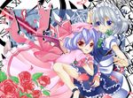  bad_id bad_pixiv_id bat_wings blue_eyes blue_hair braid flower glomp hug izayoi_sakuya maid maid_headdress multiple_girls nekosugi_(hoshi) red_eyes remilia_scarlet rose silver_hair touhou twin_braids wings wrist_cuffs 