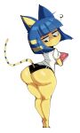 absurd_res animal_crossing ankha_(animal_crossing) anthro aquelelazy blue_hair book breasts butt clothing felid feline female hair hi_res mammal nintendo question_mark simple_background solo