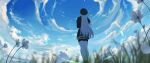  1girl 86_-eightysix- arms_at_sides black_hat black_jacket black_skirt blue_sky blurry blurry_foreground cloud cloudy_sky facing_ahead feet_out_of_frame flower from_behind grass hat highres jacket long_hair miniskirt outdoors pantyhose peaked_cap qian_chen skirt sky solo straight_hair thigh_strap vladilena_millize white_flower white_hair white_pantyhose wide_shot 