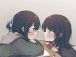  2girls black_hair blush brown_hair chinese_commentary closed_mouth commentary_request desk eye_contact grey_background hood hood_down inuko_(ink0425) jacket long_sleeves looking_at_another mechanical_pencil multiple_girls notebook original paper pencil profile school_desk short_ponytail simple_background upper_body yuri 