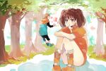  1boy 1girl :o bare_legs blush boots brown_hair day diane_(nanatsu_no_taizai) floating flower forest giant giantess gloves grass hood hood_down jacket king_(nanatsu_no_taizai) looking_at_another nanatsu_no_taizai nature open_mouth orange_footwear orange_shirt outdoors pants pink_flower prin_dog puffy_sleeves purple_eyes reflection shirt short_hair short_sleeves sitting size_difference tree twintails 