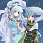  1boy 1girl aqua_hair blue_hair cape circlet dress fire_emblem fire_emblem:_rekka_no_ken flute gloves hair_ornament highres instrument long_hair looking_at_viewer mamkute mememefe nils ninian nintendo open_mouth red_eyes scarf short_hair simple_background smile 