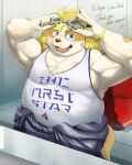 anthro belly biceps blonde_hair blue_eyes blush canid canine canis clothing domestic_dog eyewear floppy_ears goggles hair hi_res hisaki_(live_a_hero) kt0414143919 lifewonders live_a_hero male mammal musclegut muscular pecs shirt smile solo tank_top topwear